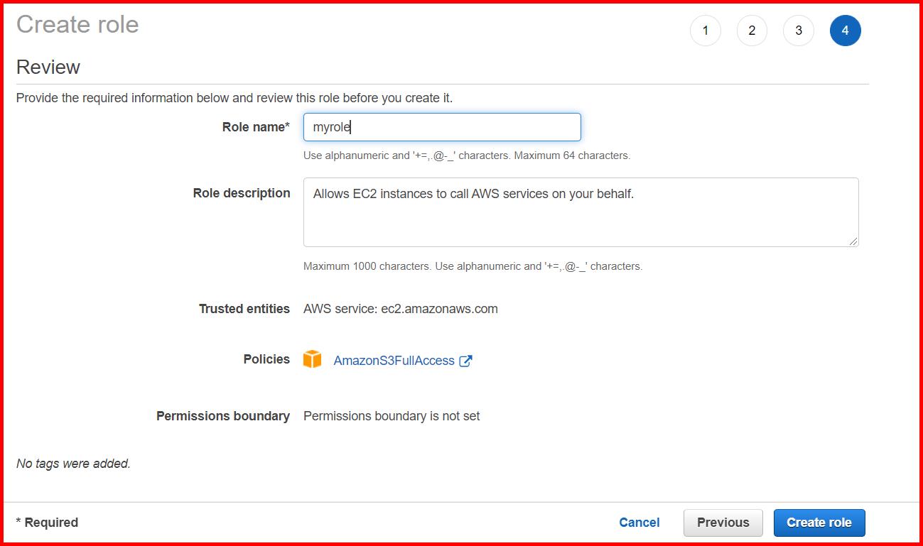 Picture showing creating a role with AmazonS3FullAccess permission